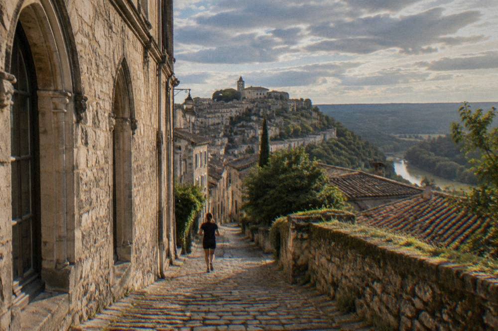 A narrow cobbled street in a medieval French hill town with gothic stone facades