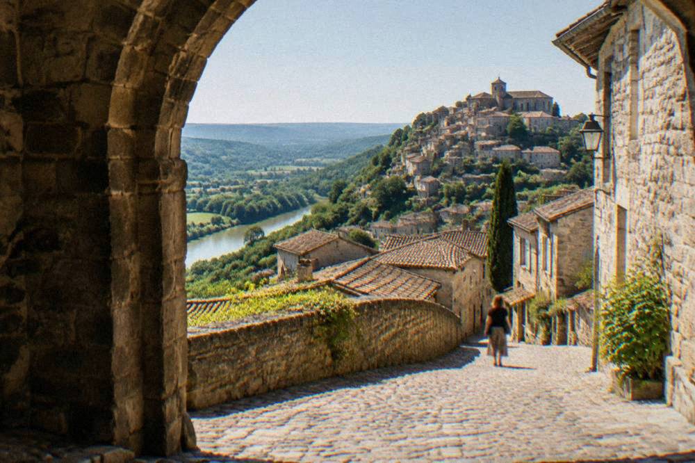 A stone gateway arch opening onto a cobbled lane in a French bastide town