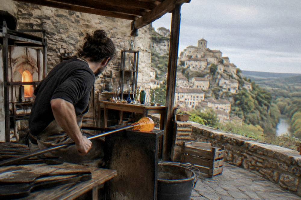 An artisan glassblower working in a small studio workshop