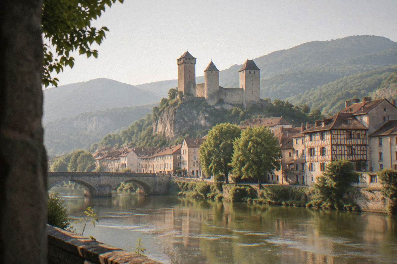 A stone castle with towers rising above a small French town with a river and forested hills behind it