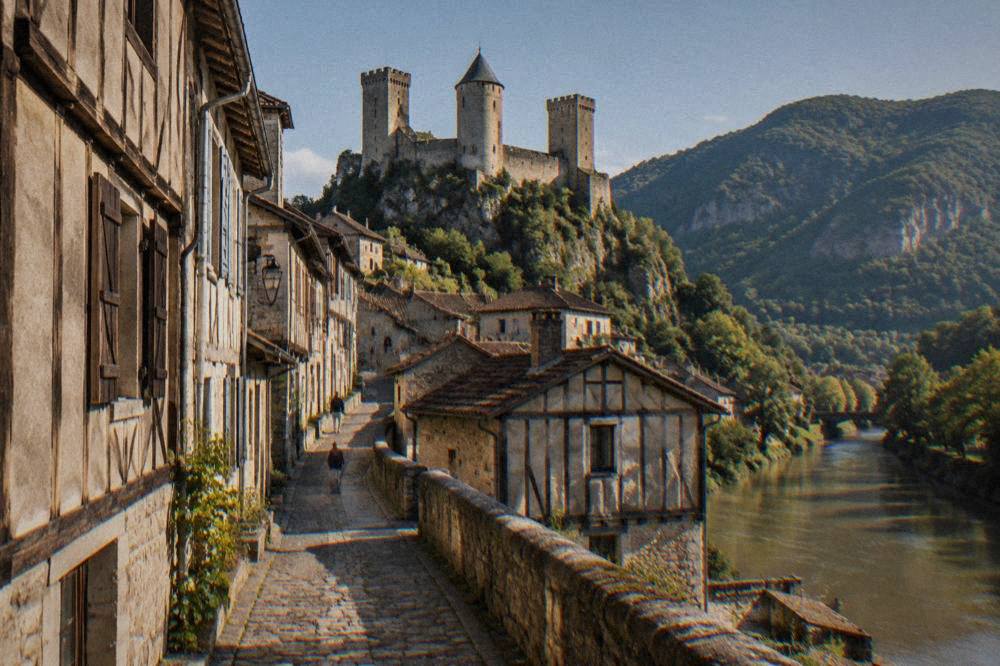 A narrow old street with half-timbered facades and stone buildings curving uphill toward a castle