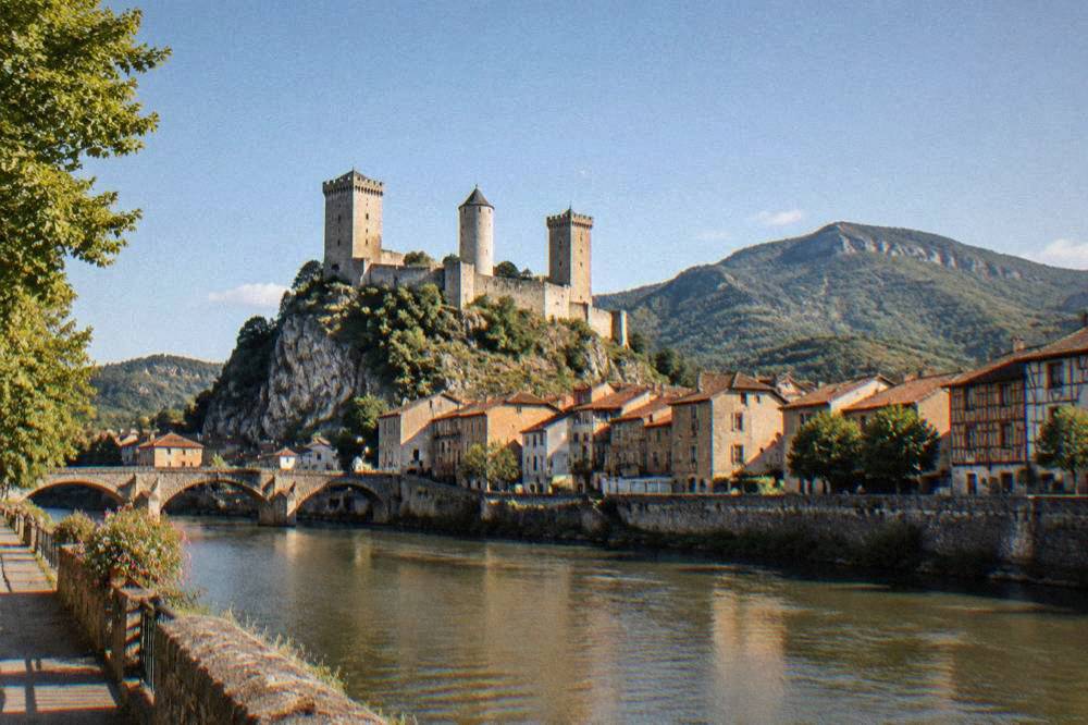 A medieval stone castle on a rocky outcrop above a river and red-roofed houses