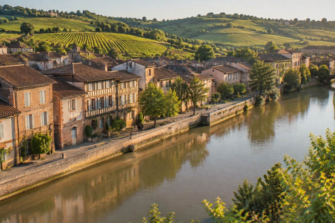 Rows of grapevines in a sunny vineyard with rolling green hills behind them