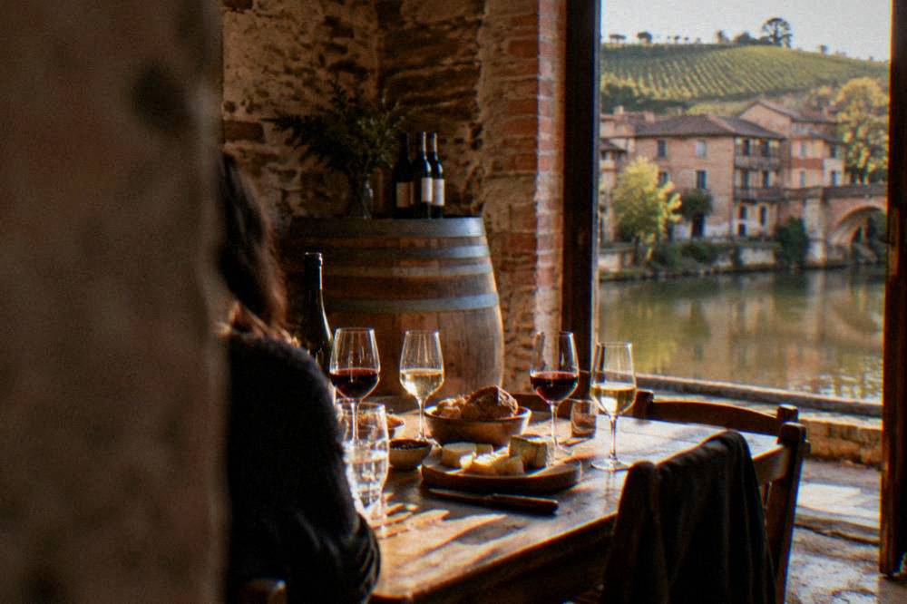 A tasting table with glasses of red and white wine, bread and cheese in a rustic cellar