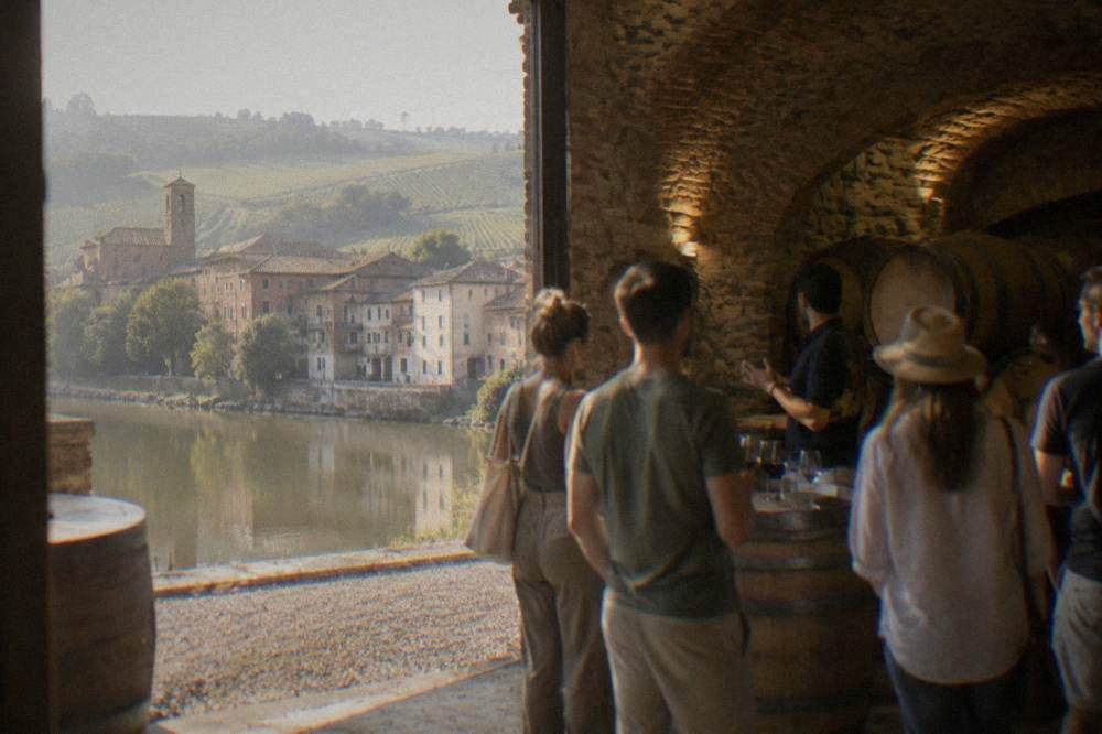 A small group of people standing at a wine barrel listening to a guide in a dim wine cellar