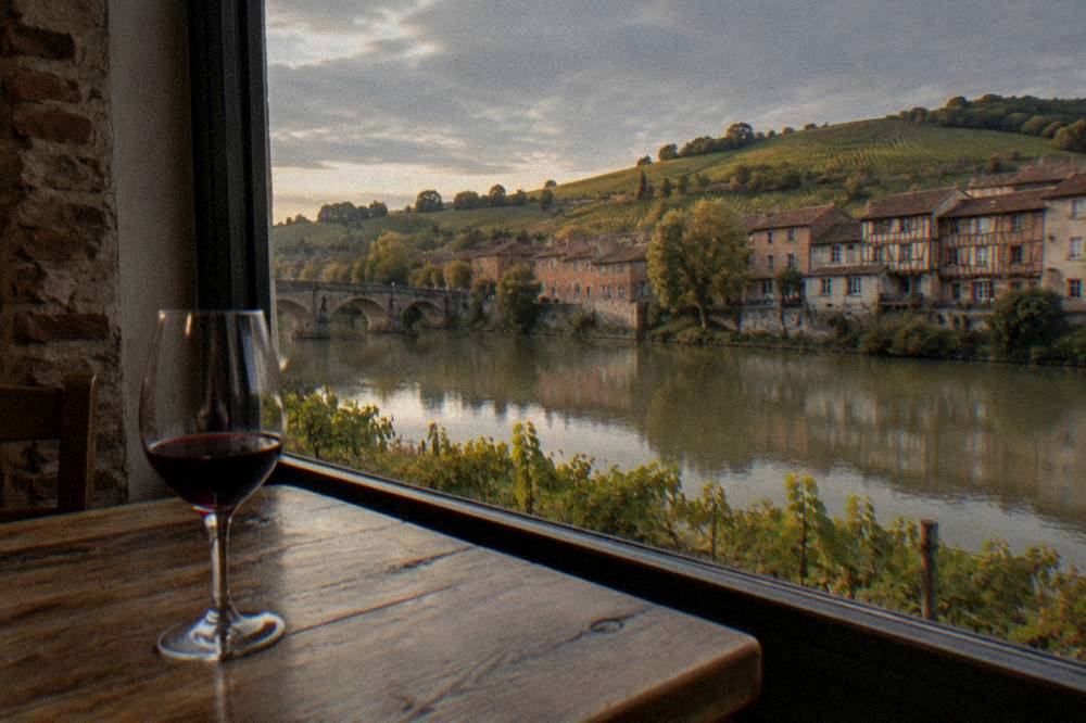 A glass of red wine on a wooden table with a vineyard visible through the window behind it