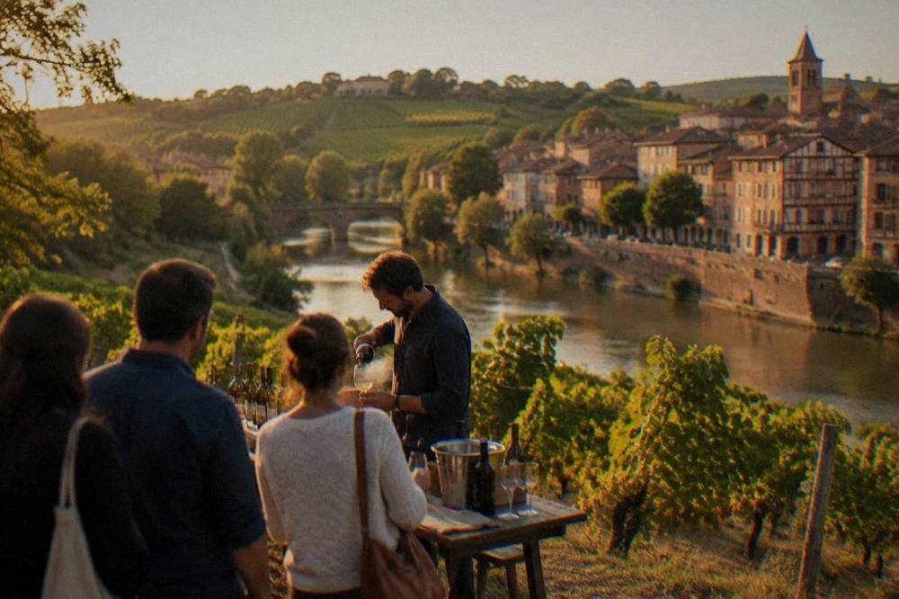 A guide pouring wine for visitors at an outdoor tasting table beside a vineyard