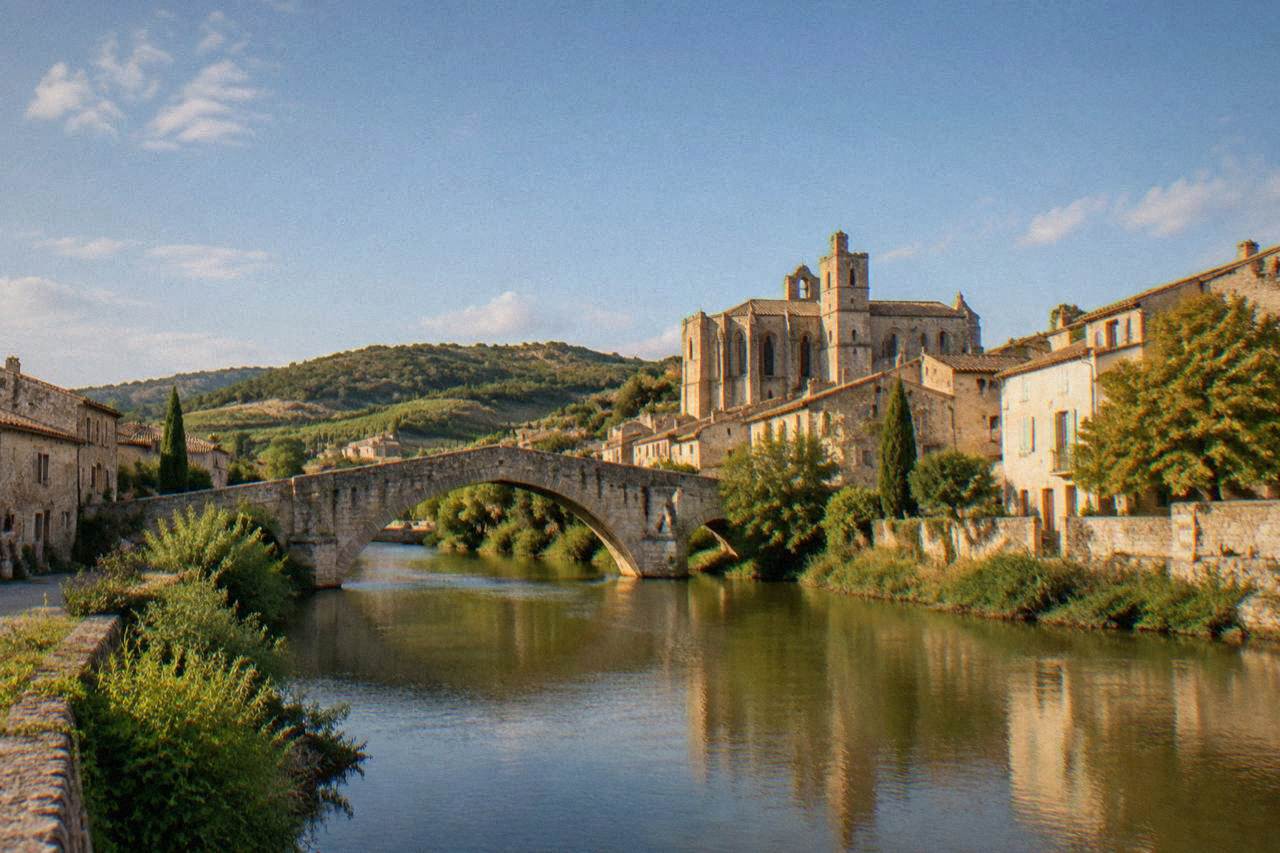A stone village with a river running under an old arch bridge and warm-toned buildings along the bank