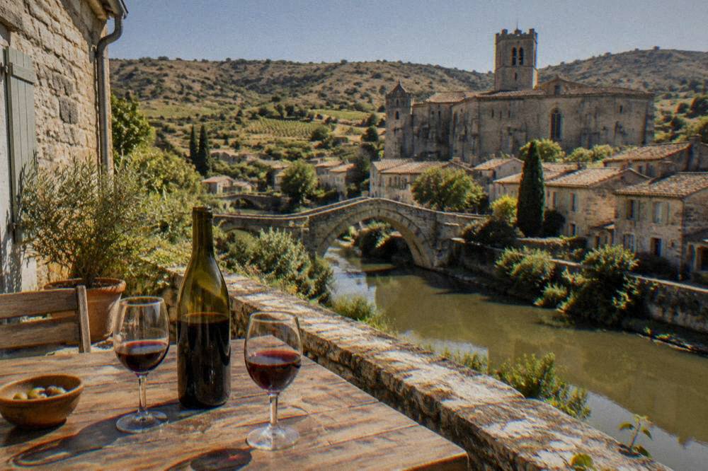 A bottle of local red wine and glasses on a wooden table outside a stone village shop