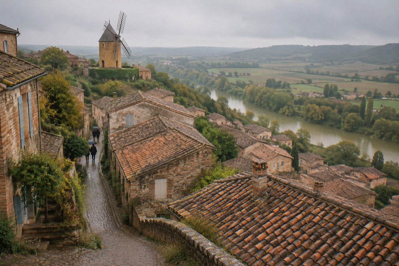 A medieval hill village of pink brick and terracotta rooftops rising above a green plain in the Tarn