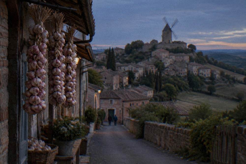Braids of pink garlic hanging in a village shop in southern France