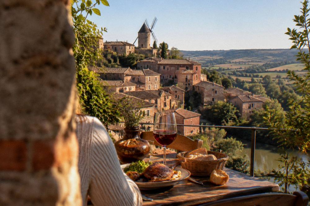 A rustic restaurant table with duck confit, bread and a glass of local red wine