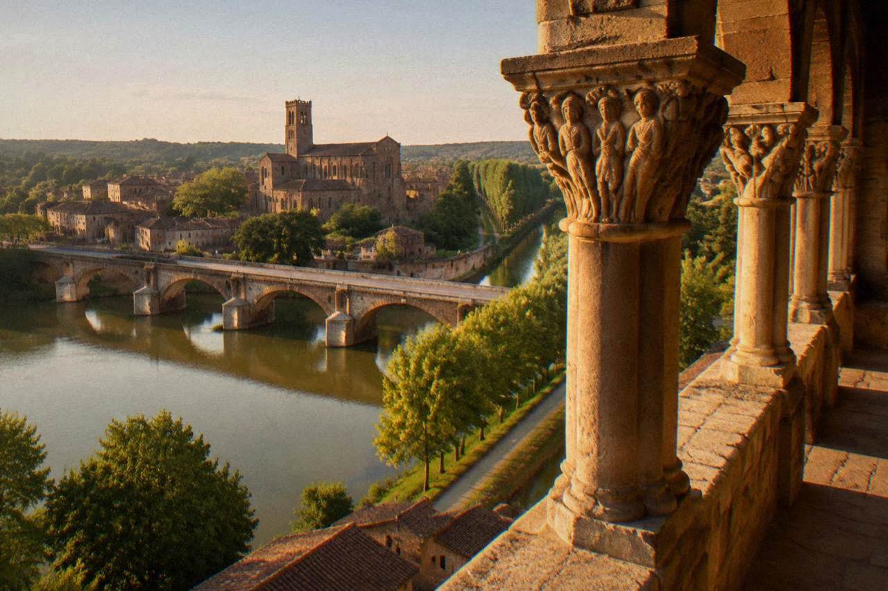 The stone cloister of Moissac abbey with carved Romanesque pillars in warm light