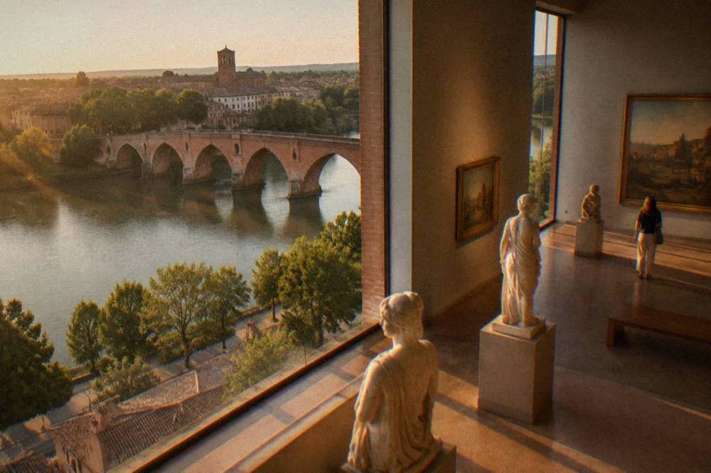 A classical art museum interior with sculptures on plinths and paintings on the walls