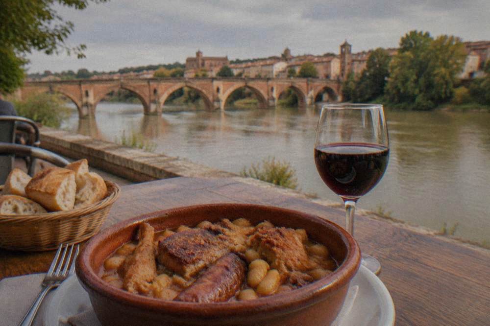 A restaurant table with a bowl of cassoulet, bread and a glass of red wine