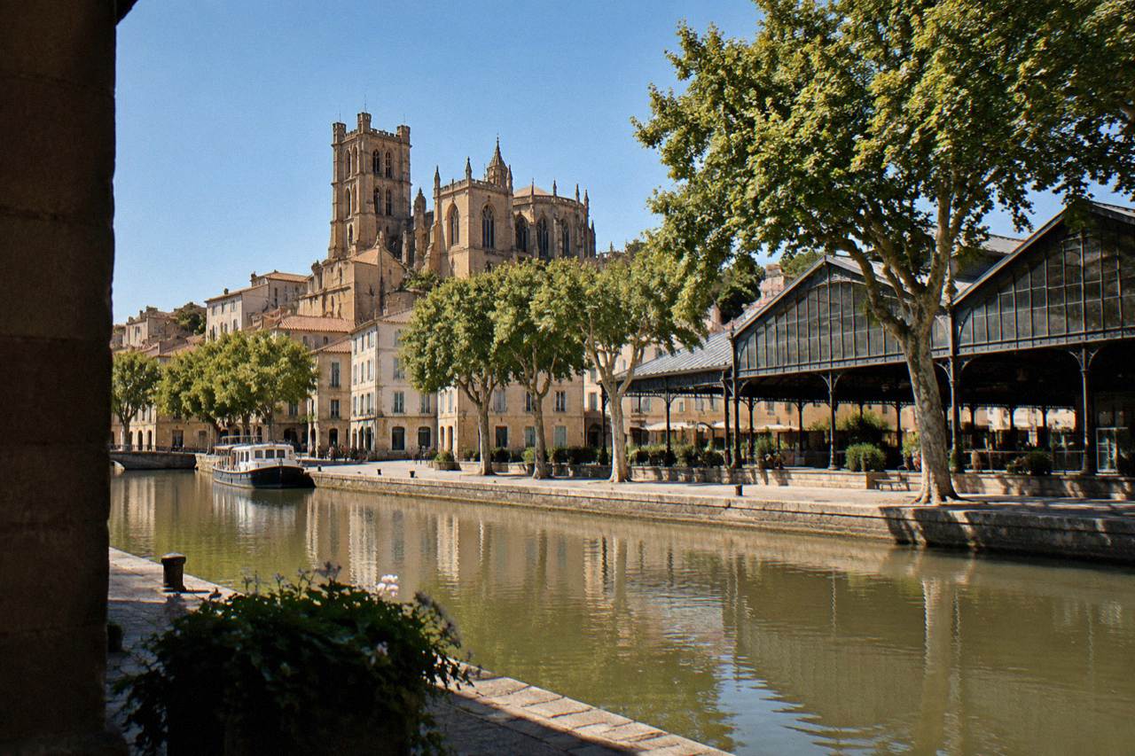The gothic cathedral of Narbonne rising above tiled rooftops under a clear blue sky