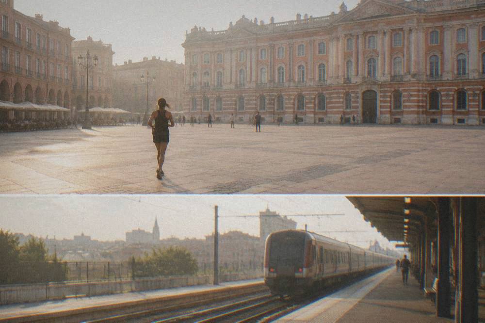 A passenger train pulling away from a platform at Toulouse-Matabiau station