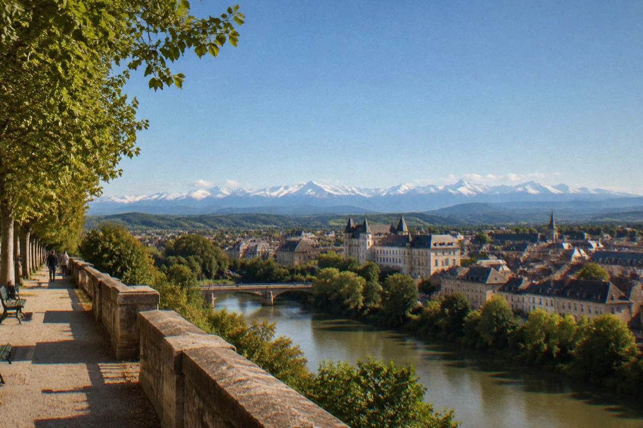 View over Pau's rooftops with the Pyrenees rising in the distance on a clear day