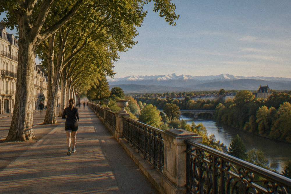 The tree-lined Boulevard des Pyrenees in Pau with ornate railings and apartment facades