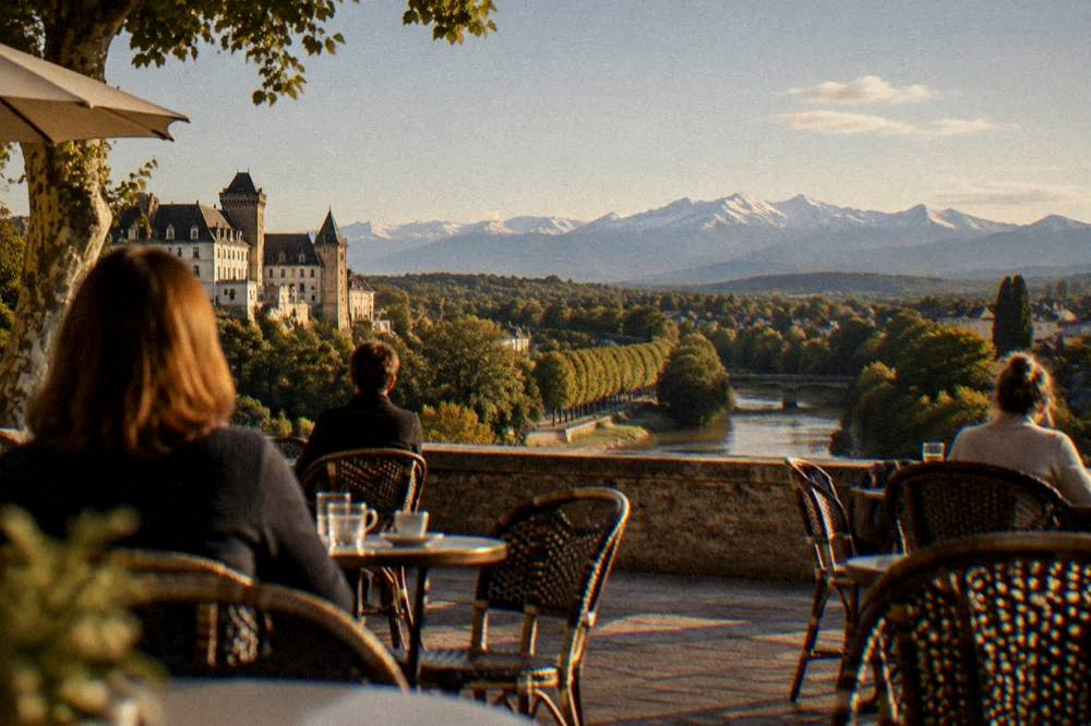 A cafe terrace with chairs and small tables on a square in Pau