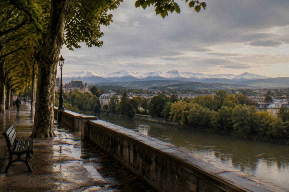 The Pyrenees mountain range seen from Pau with snow on the higher peaks