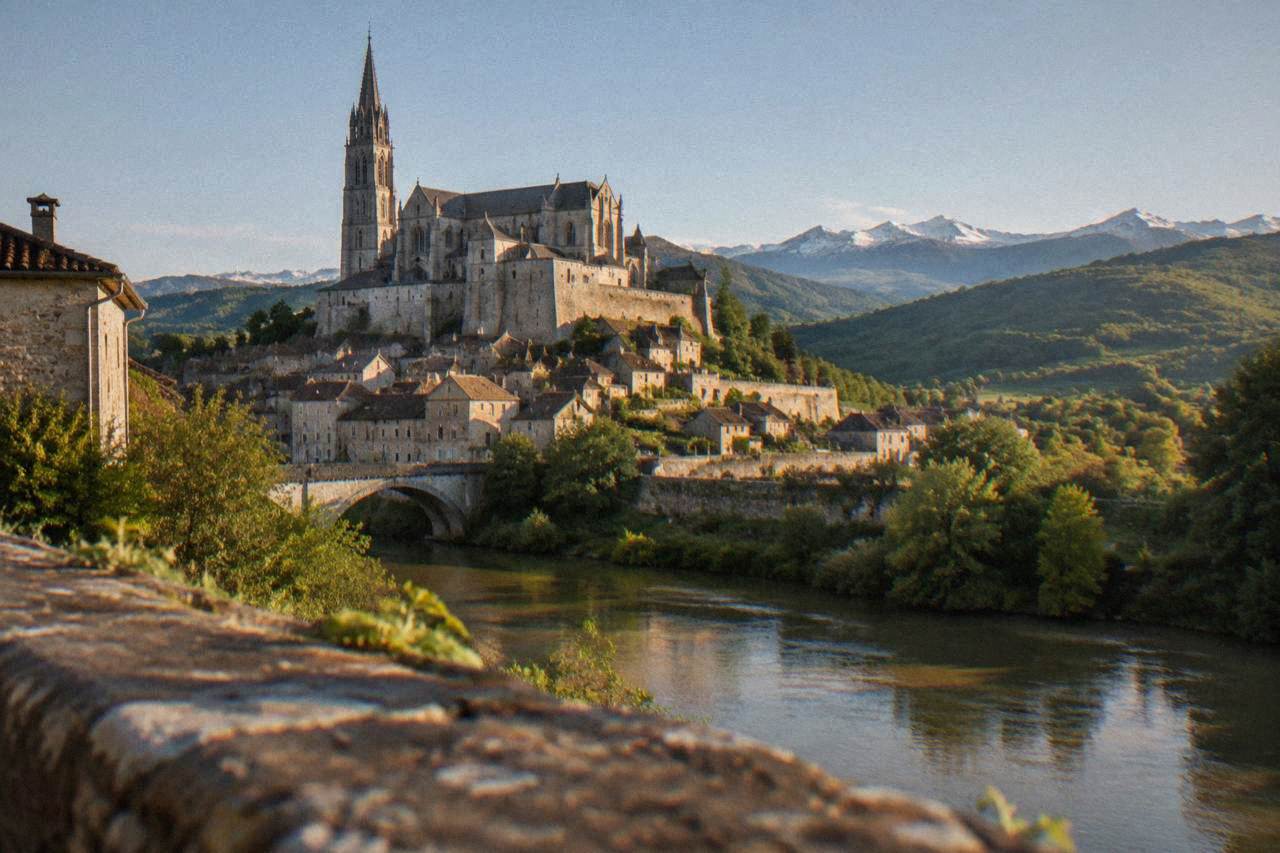 A stone village with a tall cathedral spire rising above green foothills on a clear day