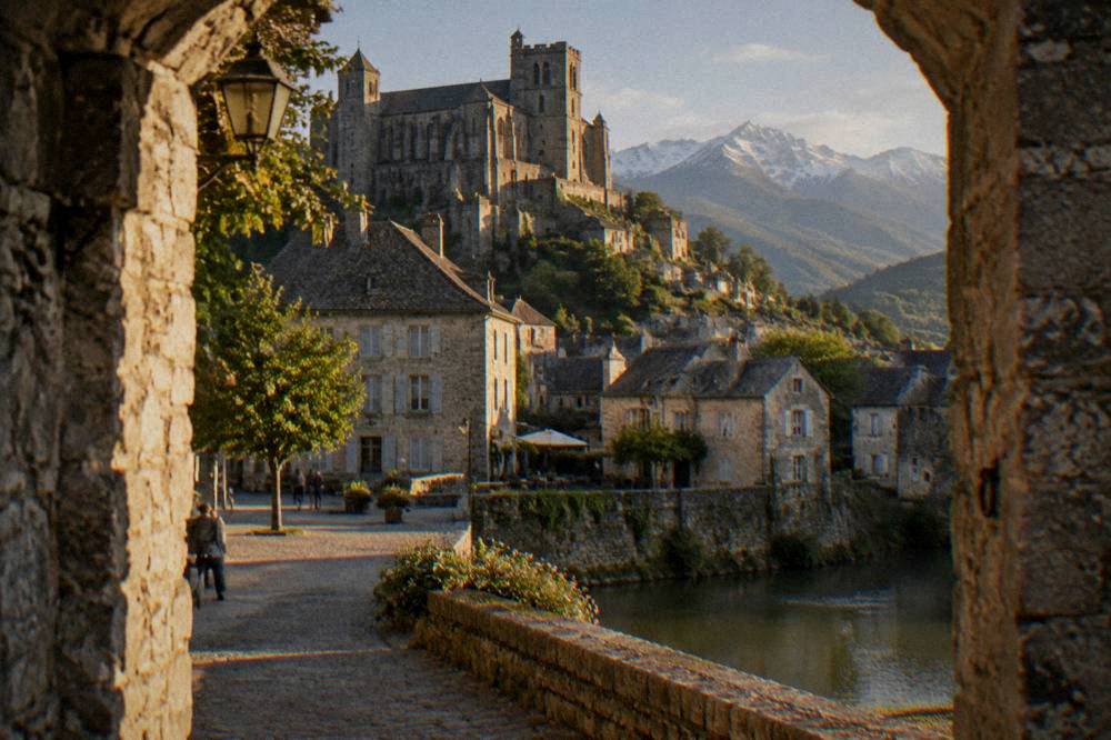 A stone gateway leading into a small village square with old buildings