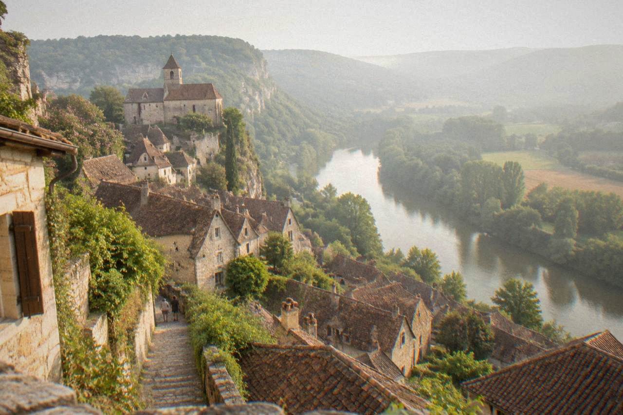 A stone village of tiled rooftops clustered on a cliff above a green river valley