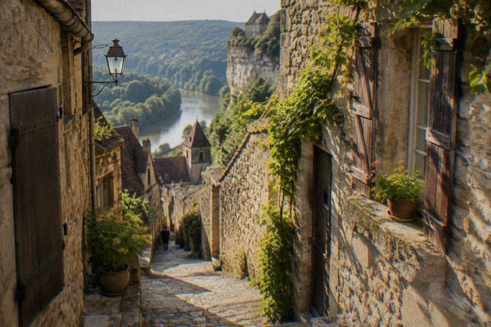 A narrow stone lane between old houses with wooden shutters in a French village