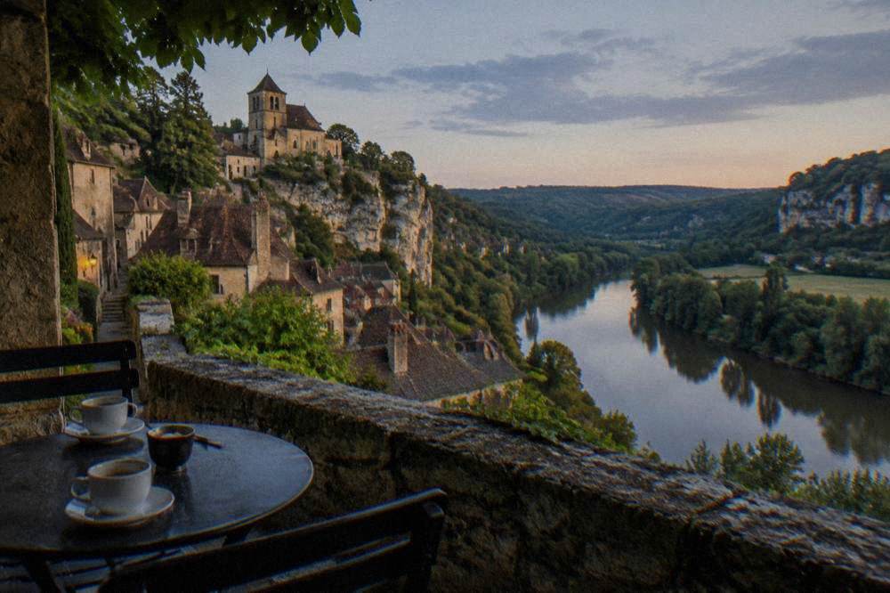 A cafe table with coffee on a stone terrace overlooking a river