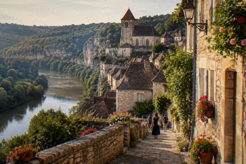A village street in warm evening light with stone walls and flower boxes