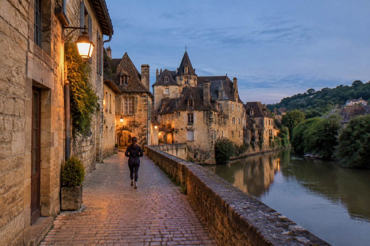 A golden stone medieval street in Sarlat with warm light on old buildings