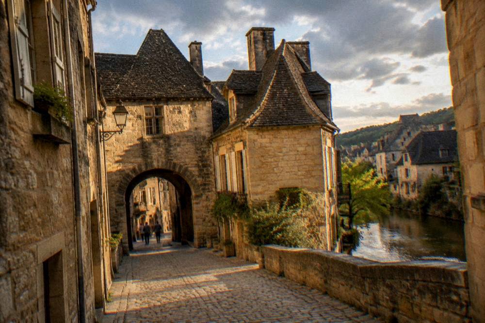 A stone village street with a medieval archway and warm evening light