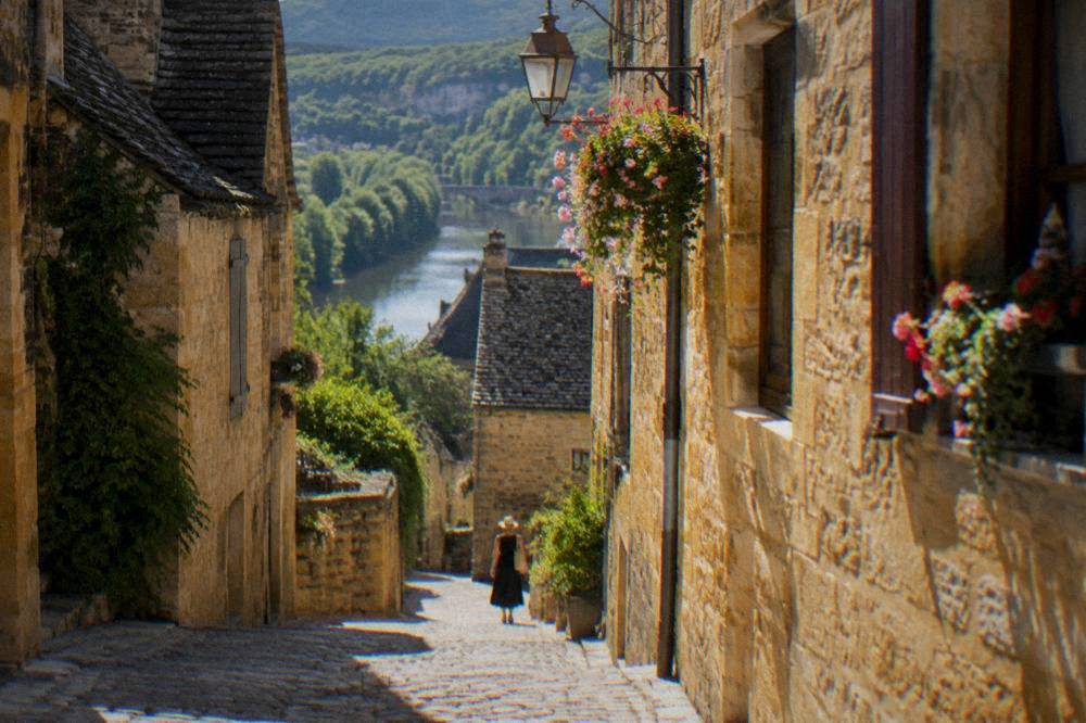 A stone alley in Sarlat with hanging flower boxes and sunlight on old walls