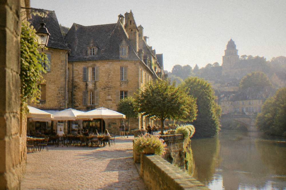Evening light on golden stone buildings around a small square in Sarlat
