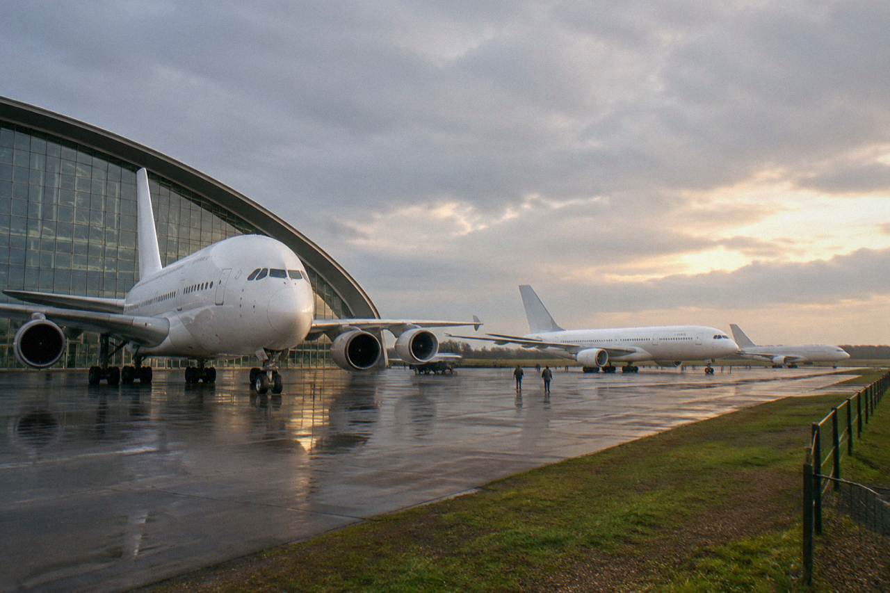 Wide view of large commercial aircraft parked outside assembly hangars at an airfield