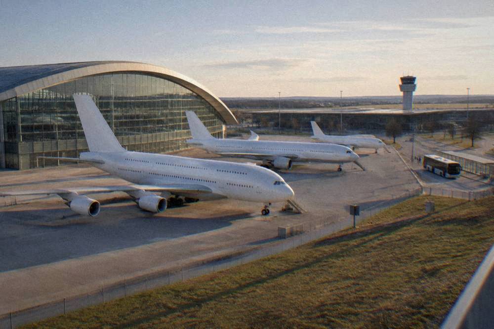 Airport shuttle bus parked at a stop with an airport terminal behind it