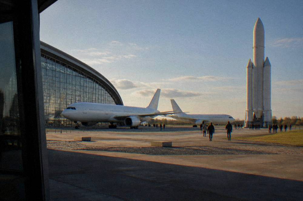Rocket standing outdoors at a space park with visitors at its base