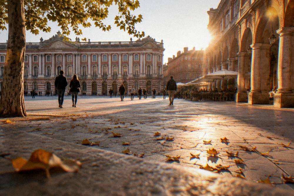 Golden autumn light on the cloister columns of a Toulouse convent