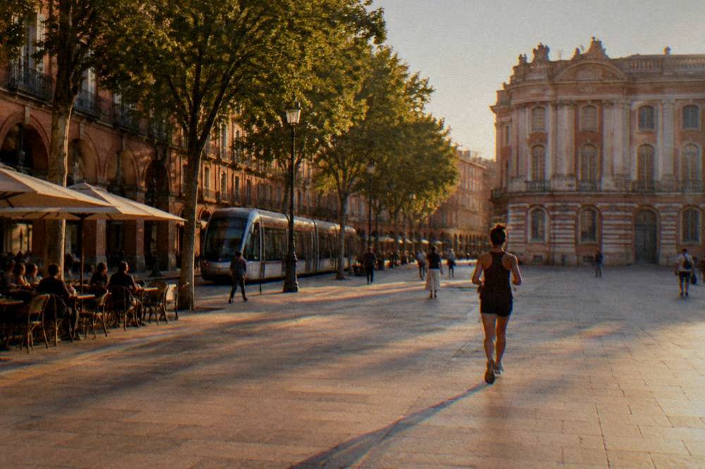 A tram passing a tree-lined city street in Toulouse with pink brick buildings behind