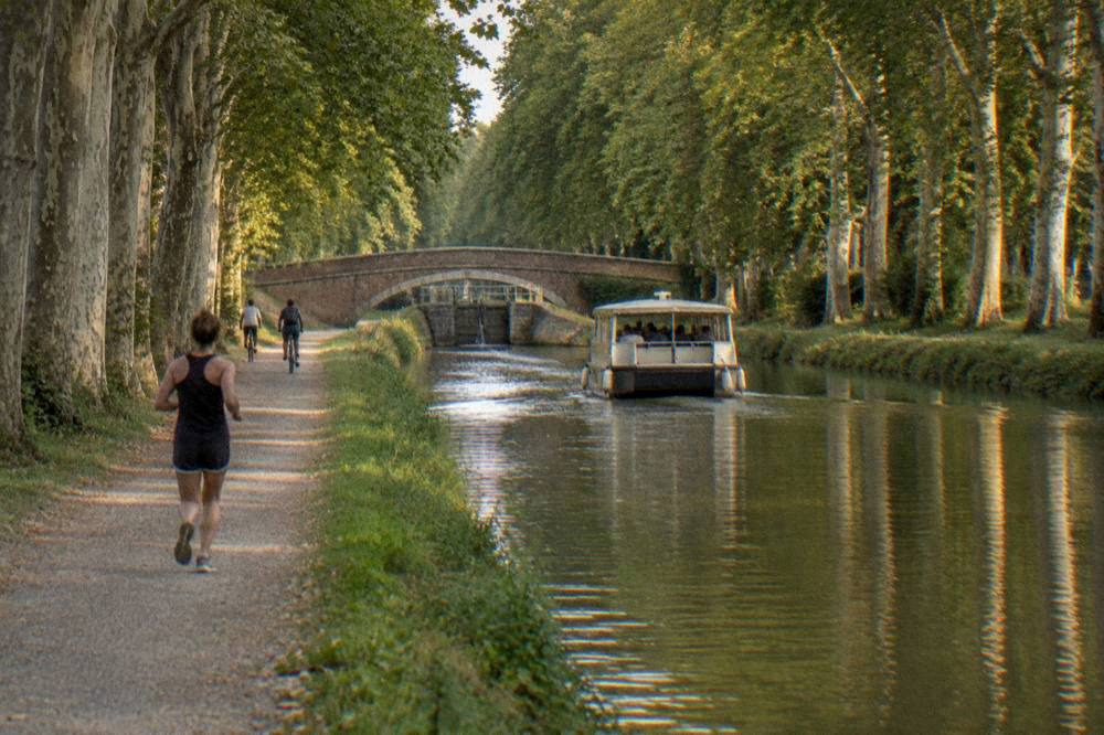 A small passenger boat cruising on a tree-lined canal with cyclists visible on the towpath beside it