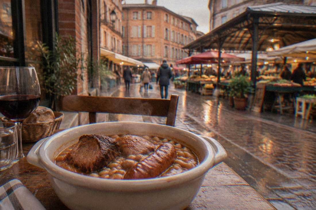 A pot of cassoulet on a restaurant table
