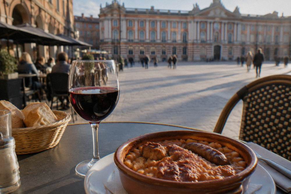 A glass of red wine poured beside a serving of cassoulet on a restaurant table