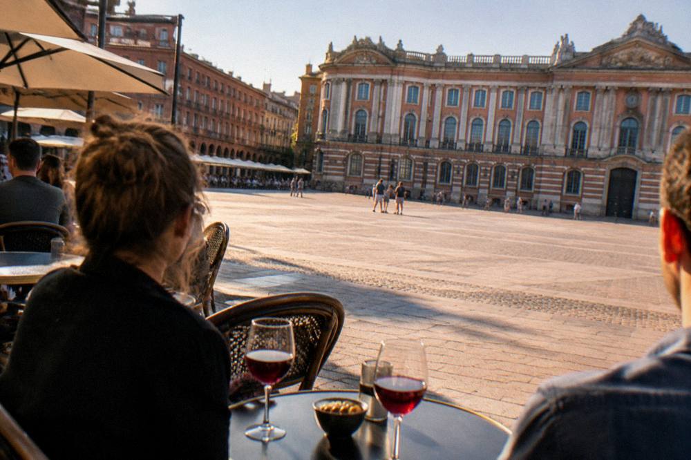 Diners at a wine bar in the evening with glasses of red wine on the table