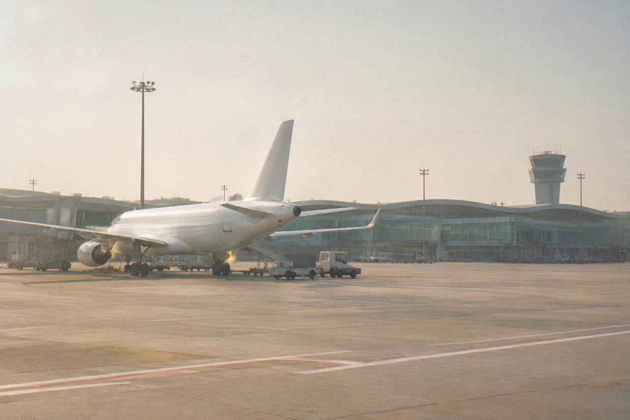 An airliner on the apron at Toulouse-Blagnac airport with the airport terminal building in the background