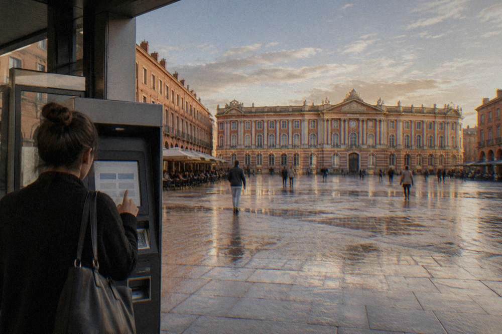 A ticket machine in a Toulouse public transport station with a passenger selecting an option on the screen
