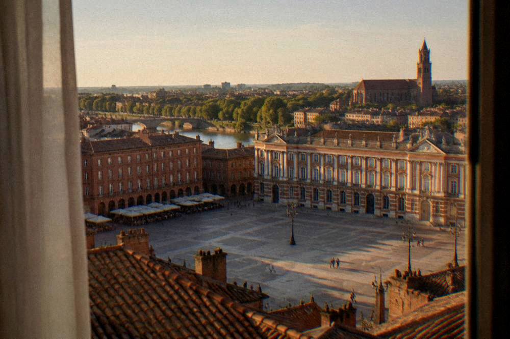 A hotel room window in Toulouse overlooking red tile rooftops and a church tower in the evening