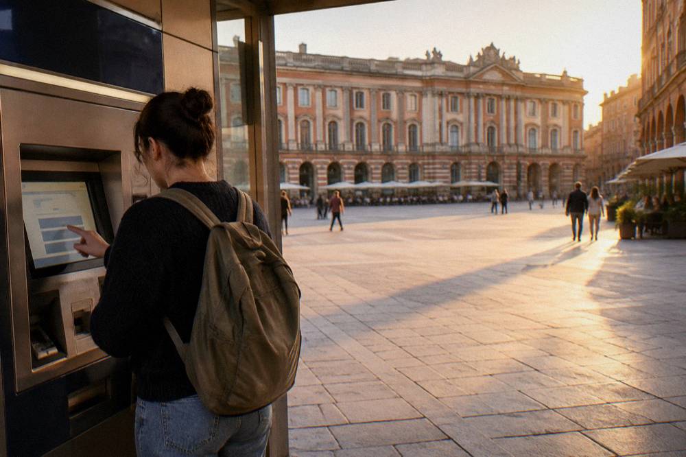 A ticket machine inside a Toulouse metro station with a traveler choosing an option
