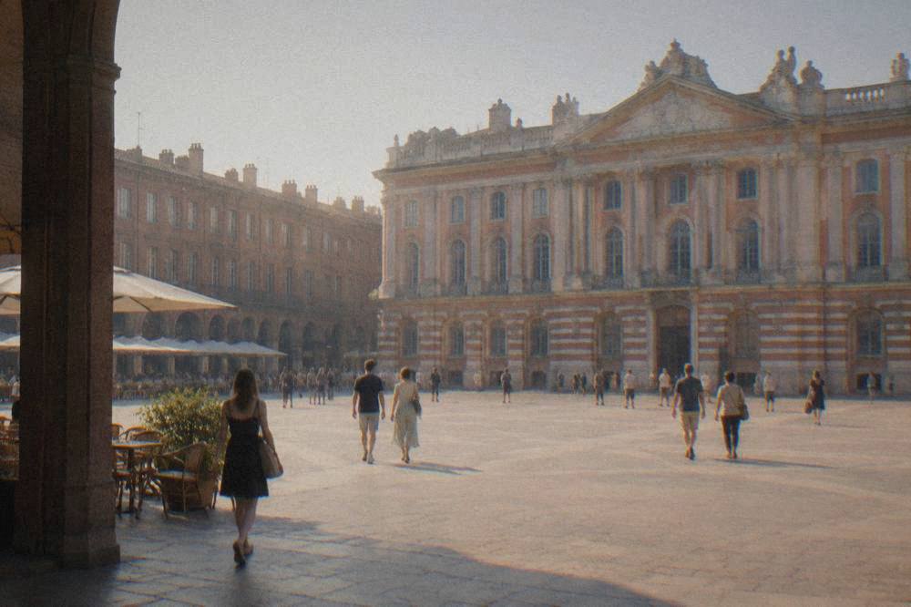 People walking across the square in front of the Capitole in Toulouse
