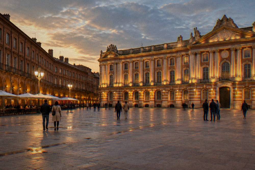 The illuminated facade of the Capitole at night with people on the square